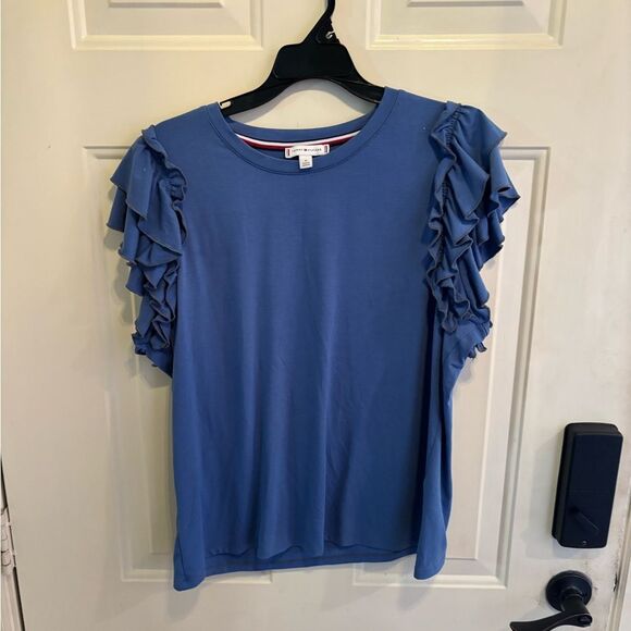 Tommy Hilfiger Women's Blue Ruffle Sleeve Tee - Picture 2 of 4